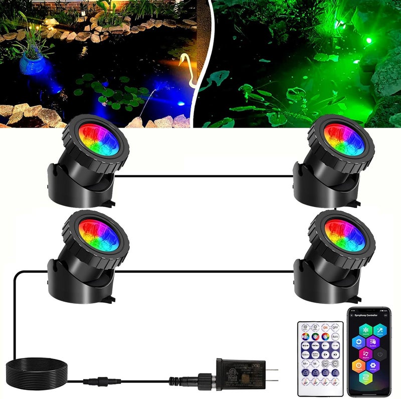 T-SUNUS Smart Bluetooth LED Pond Lights IP68 Waterproof Submersible Underwater Light 4-in-1 Dimmable Timing Landscape Spotlights for Fountains Ponds Waterfalls Aquariums Fish Tank Garden Fountain - Image 1